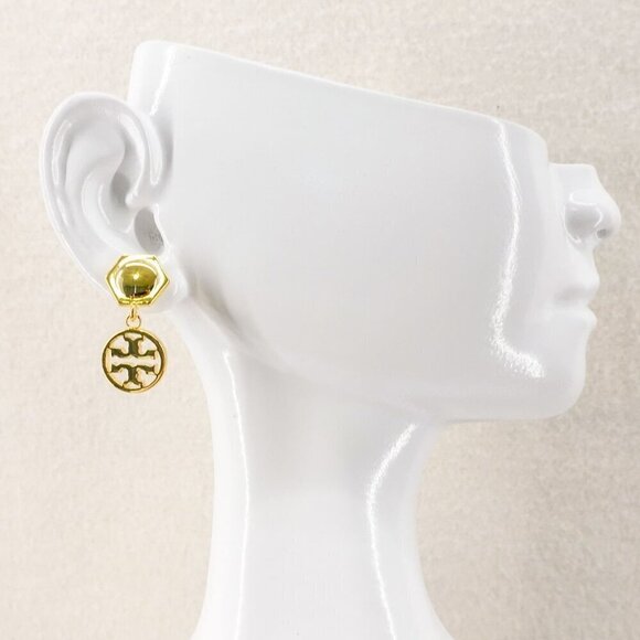 Tory Burch Hexagon Circle Logo Drop Earrings Gold OS - Picture 11 of 12